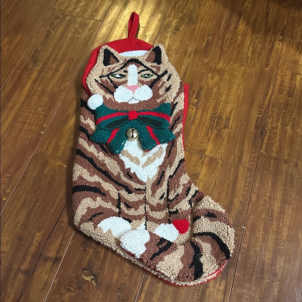 Vintage Style 3D Cat Christmas Stocking Hooked Rug Holiday Decor